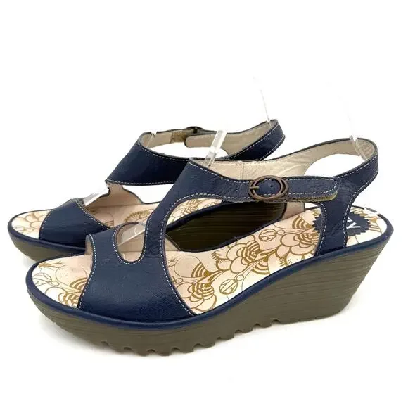 Fly London Blue Leather Yanca Wedge Sandals Heels Size 41 / 10-10.5 - Picture 4 of 7